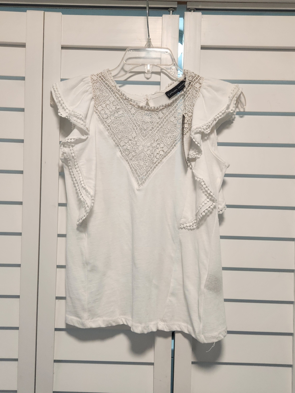 Catherine Malandrino White Lace Yoke Ruffle Sleeve Top